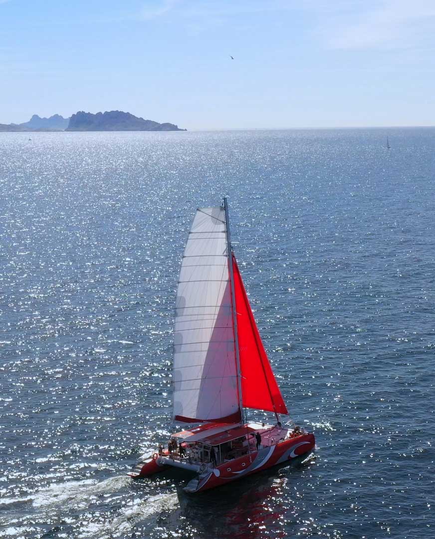 Le catamaran Véla en visite dans les Calanques