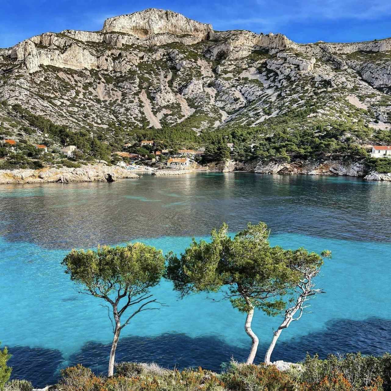 Vue d'ensemble de la plage et des cabanons de Sormiou.
