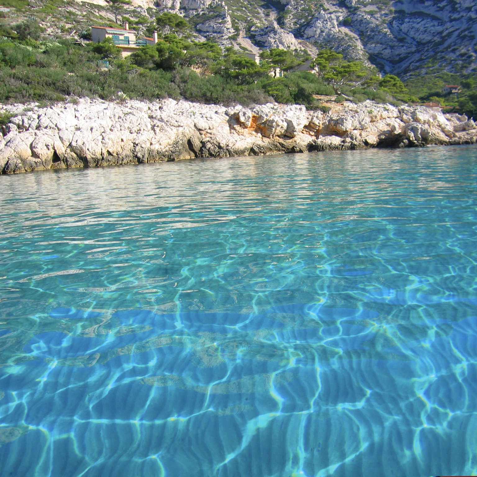 Rivage rocheux et eaux claires de la calanque de Sormiou.